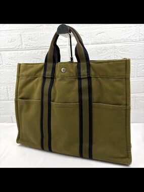Hermes Olive Green Canvas Tote with Navy Stripe Handles